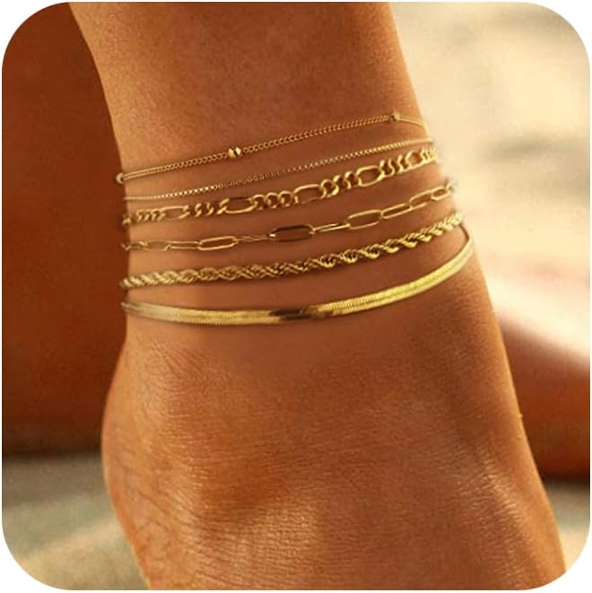 MFRYK Gold Ankle Bracelets for women,14k Gold/Silver Plated Waterproof Layered lightweight Cuban Link Figaro Chain Heart anklet butterfly anklet Pearl Ankle Bracelets Set Gold Anklets for women Trendy Jewelry Gift for Women - Image 1